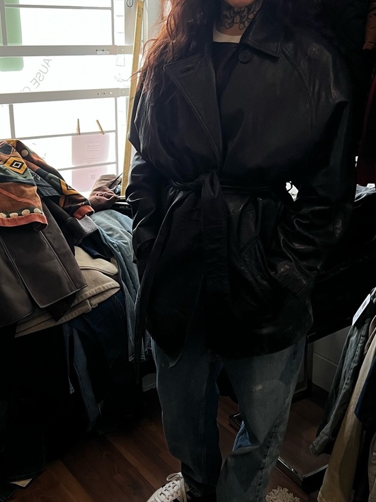 Vintage Jackets & Blazers - Vintage Black Leather Belted short trench Coat lightweight leather coat